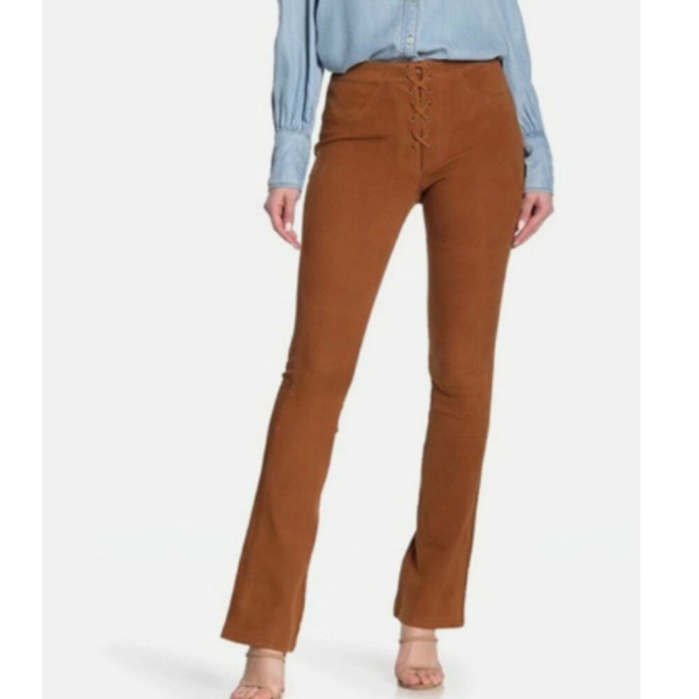 FRAME Mini Bootcut Suede Pants 26 Terracotta Lamb Nubuck Western Tie Front
